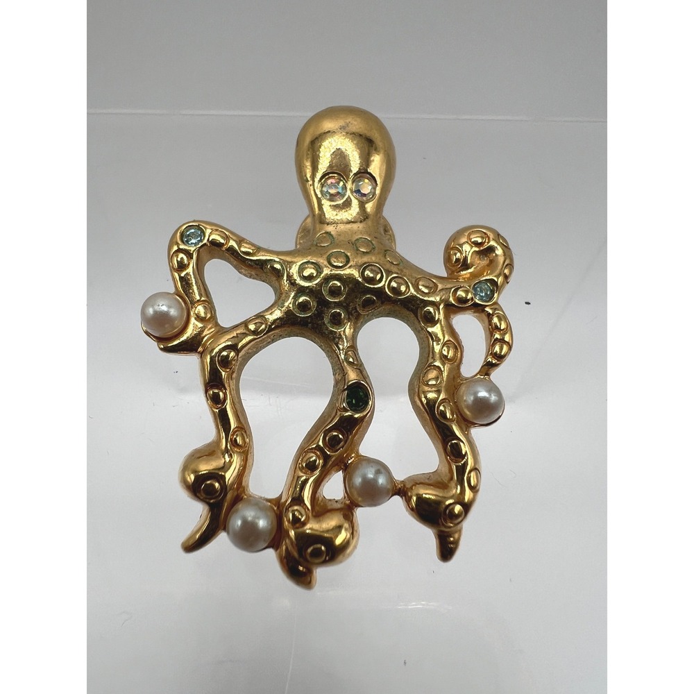 Vintage Avon Octopus Brooch Gold Tone Pearl Rhinestone Nautical Pin